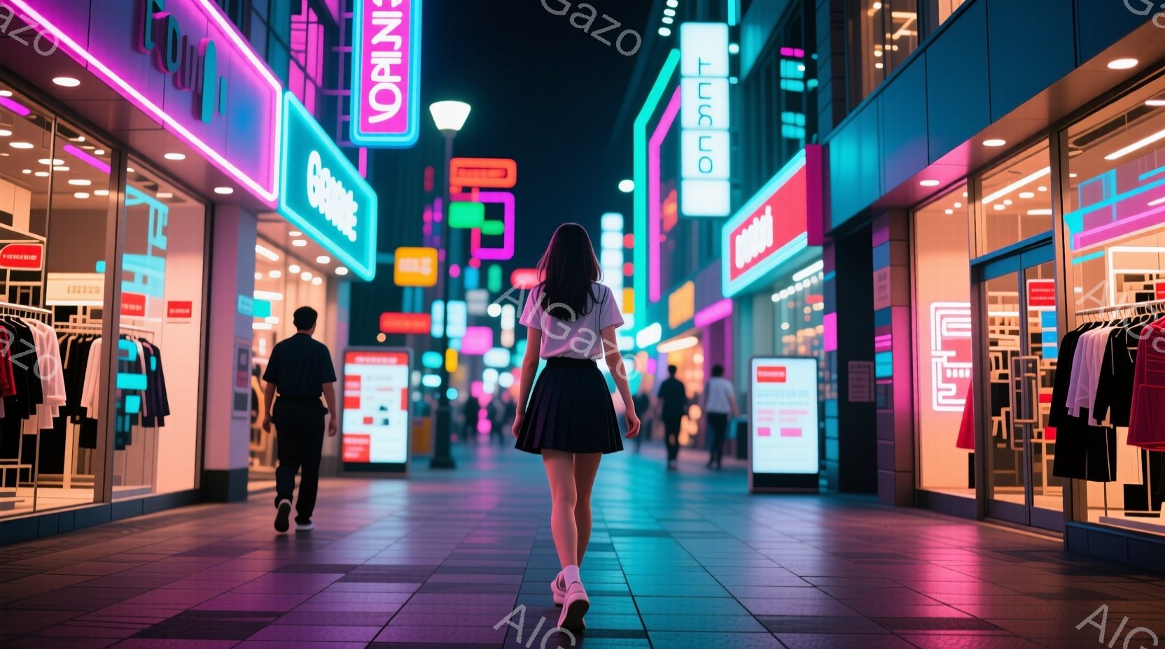 若い女性が夜の賑やかな街を背にして歩いている。彼女は黒いTシャツにミニスカート、白いスニーカーを履いており、長い黒髪が背中に流れ落ちている。ネオンサインが輝き、商店街のショーウィンドウには服が並び、全 - AI生成フリー素材