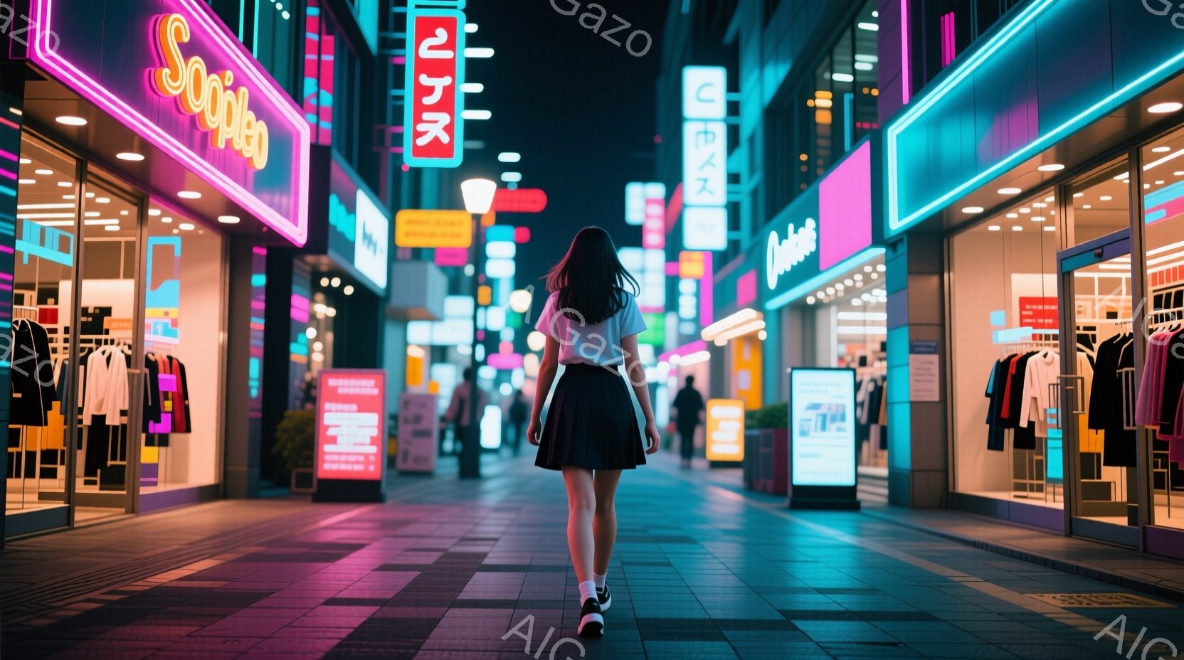 賑やかな日本の街並みが描かれており、若い女性が背を向けて歩いている。彼女は黒い短いスカートと白いTシャツ、そしてスニーカーを履いており、長い黒髪が背中に流れている。ネオンライトが輝く商店街は、活気がありながらもどこか幻想的な雰囲気を醸し出している。