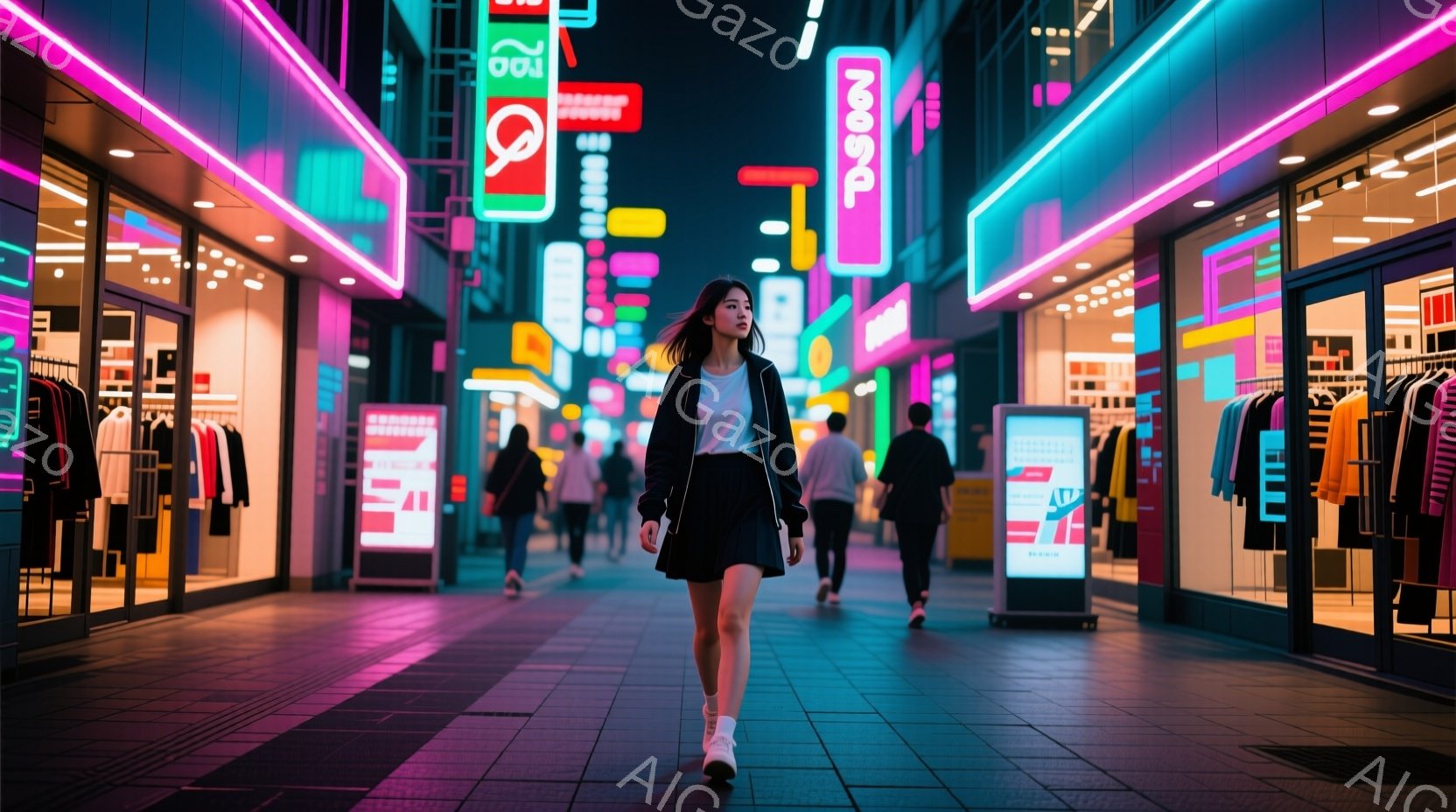 ネオンライトが輝く夜の街並みを歩く若い女性が描かれています。彼女は黒のジャケットと短いスカート、白いスニーカーを身に着け、長い黒髪をなびかせながら前方を見つめています。背景には、様々なショップが並び、 - AI生成フリー素材