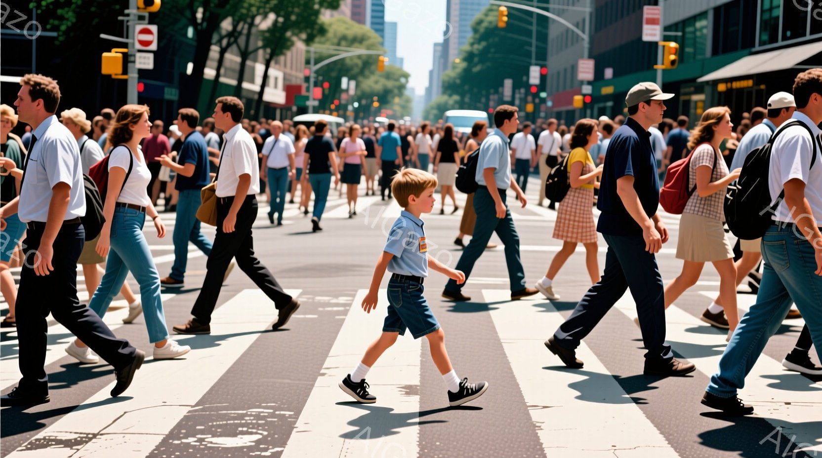 多くの人々がニューヨークの横断歩道を行き交っている様子が写っている。人々はカジュアルな服装で、Tシャツ、ジーンズ、スカートなど、多様なスタイルが見られる。背景には高層ビルが立ち並び、晴天の下、賑やかで活気のある大都市の雰囲気が漂っている。