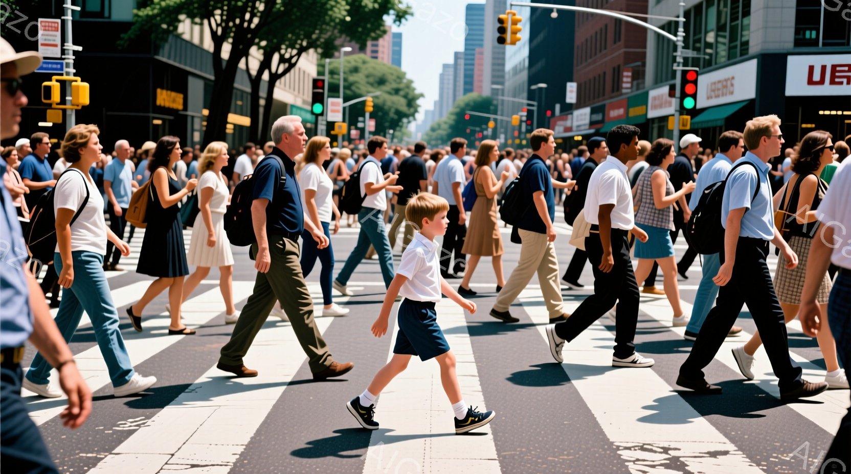 大勢の人々がニューヨークの横断歩道を歩いている様子が写っている。人々は様々なカジュアルな服装で、Tシャツ、ジーンズ、スカートなどを着用し、日差しが強く、晴天であることがわかる。背景には高層ビルが立ち並び、緑の木々が見えることから、都市の喧騒の中に自然が共存している様子がうかがえる。