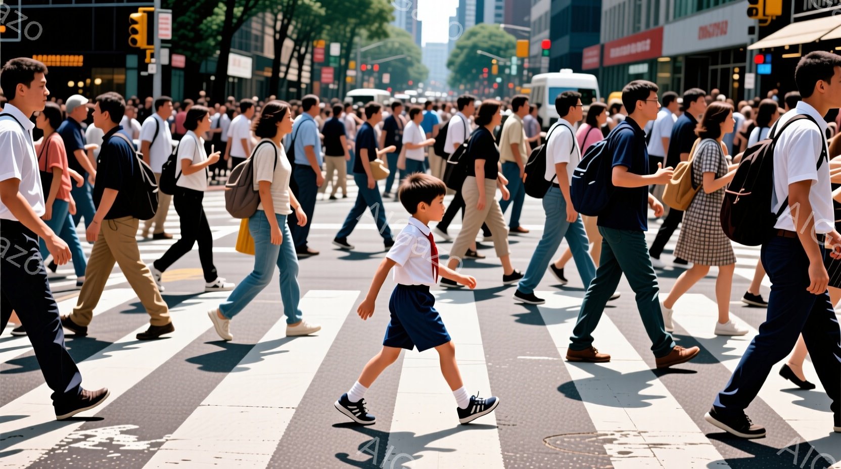 多くの人々が横断歩道を歩いている写真です。制服姿の少年が特に目立ち、他の人々はカジュアルな服装で歩いています。背景には高層ビルが立ち並び、晴天の下、活気のある都会の雰囲気が感じられます。