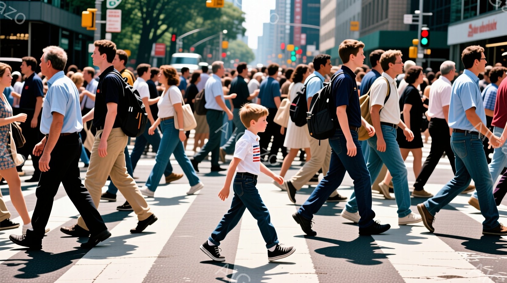 人混みの中、多くの人々が横断歩道を歩いている様子が写っている。男性はカジュアルな服装で、シャツとジーンズを着用し、女性も多様な夏の服装をしている。背景には高層ビルが立ち並び、晴天の下、賑やかな都会の雰 - AI生成フリー素材