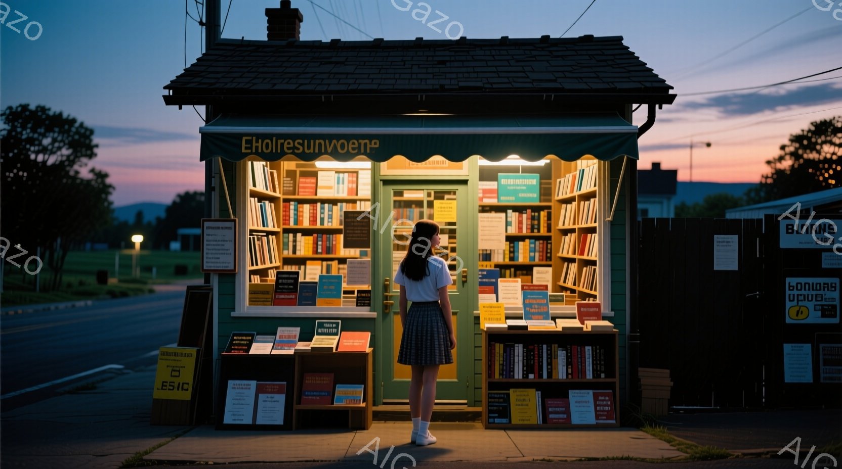 若い女性が、緑色の小さな本屋の前に立っている。彼女は白いシャツにプリーツスカート、白い靴を履き、髪は後ろで一つに結んでいる。背景には、夕焼け空と街並みが広がり、温かく、静かな雰囲気を醸し出している。