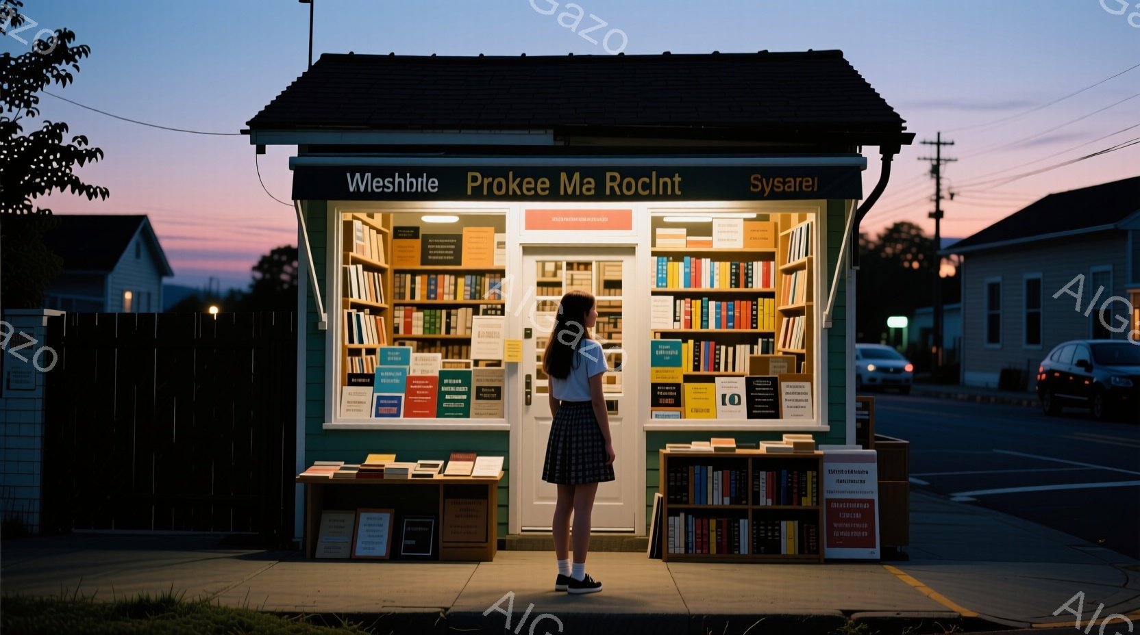 夕暮れ時の住宅街に、小さな図書館のようなものが佇んでいます。黒髪を後ろで一つに結んだ少女が、その図書館の前で背を向け、本を選んでいる様子です。空は夕焼けのオレンジ色と薄紫色のグラデーションで、穏やかで静かな雰囲気が漂っています。