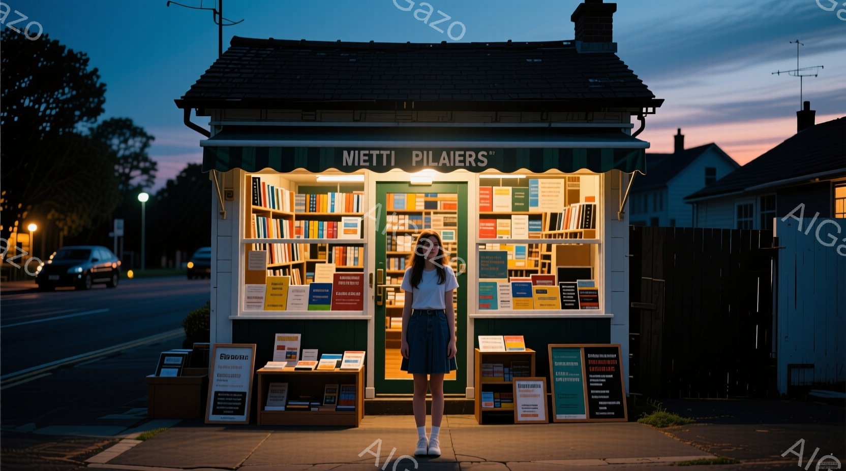 若い女性が、本でいっぱいの小さな屋外の本屋の前に立っている。彼女は白いTシャツと紺色のスカートを着用し、長い茶色の髪は自然に肩にかかっている。背景には、薄暗い夕暮れ時の住宅街が広がり、静かで少し物憂げな雰囲気が漂っている。
