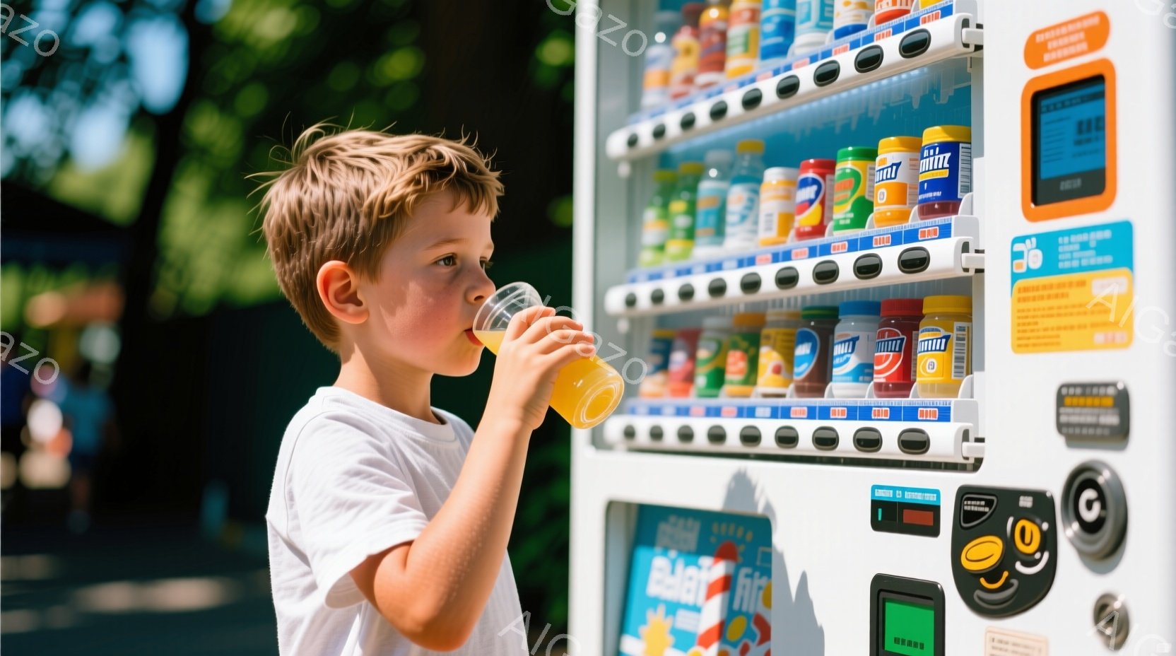 小さな少年が自動販売機からオレンジジュースを飲んでいます。彼は白いTシャツを着ており、短く明るい茶色の髪をしています。背景には自動販売機と、ぼやけた緑の木々が見え、晴れた日の屋外のシーンであることがわかります。