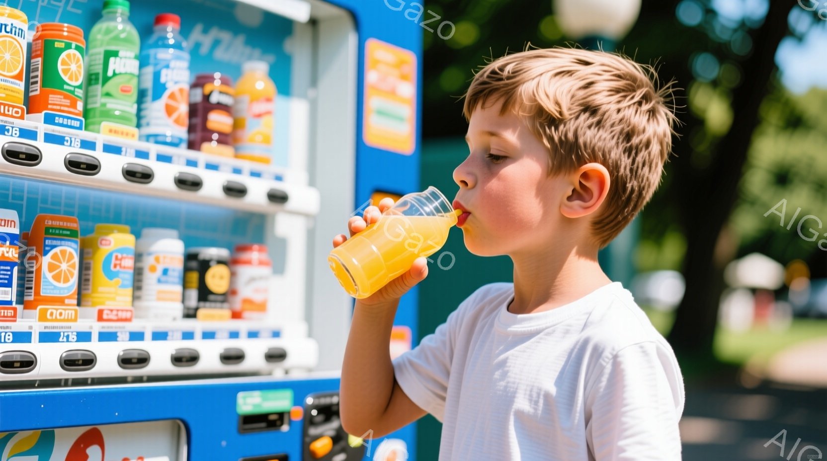 少年は自動販売機からオレンジジュースを飲む途中で、白いTシャツを着ています。髪は短く明るい茶色で、少し横に分けられています。背景には、さまざまな種類のジュースが並んだ自動販売機と、ぼやけた緑の木々が見え、晴れた屋外でリラックスした雰囲気が漂っています。