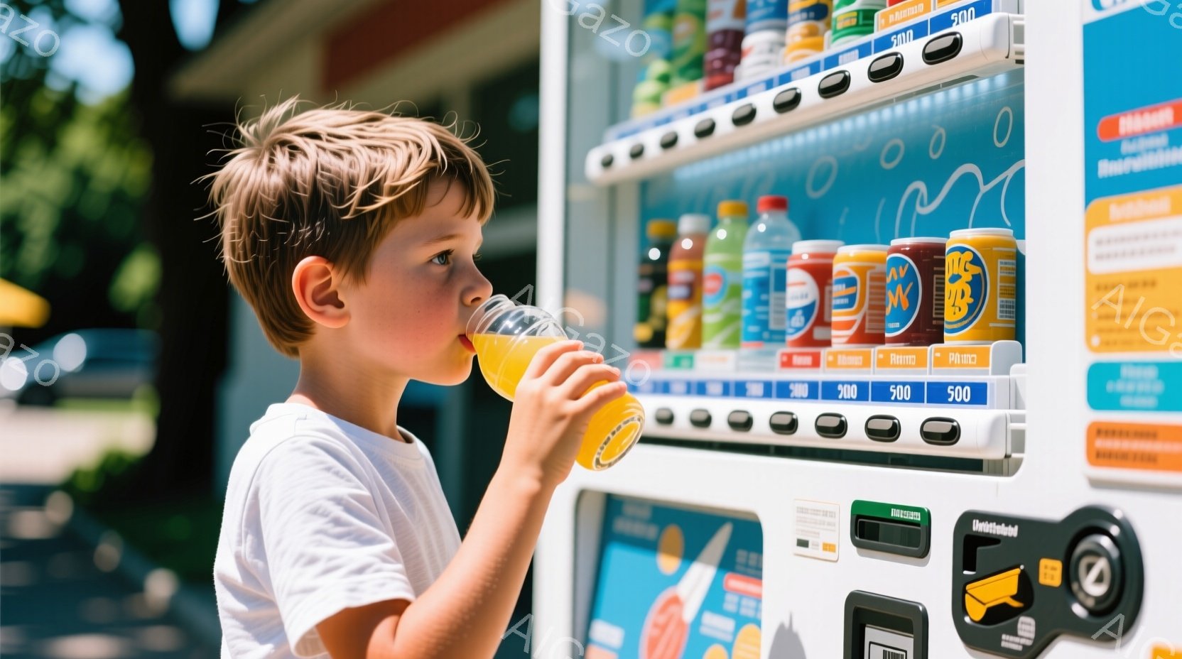 金髪の少年が自動販売機からオレンジジュースを飲んでいます。彼は白いTシャツを着ており、少し横を向いており、表情はリラックスしています。背景には自動販売機とぼやけた緑の植物があり、晴れた日のように明るい雰囲気です。