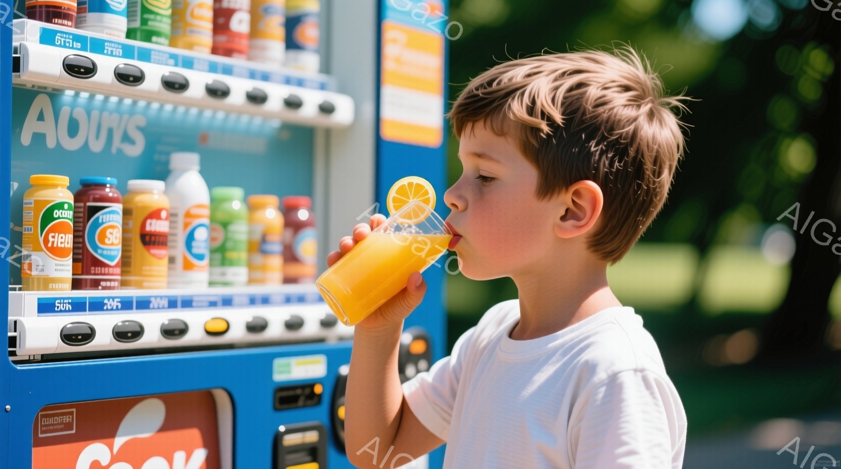 茶髪の少年が自動販売機からオレンジジュースを飲んでいます。白いTシャツを着ており、少し横を向いて、嬉しそうな表情をしています。背景にはカラフルな自動販売機と緑の木々が見え、晴れた日の穏やかな雰囲気が漂 - AI生成フリー素材