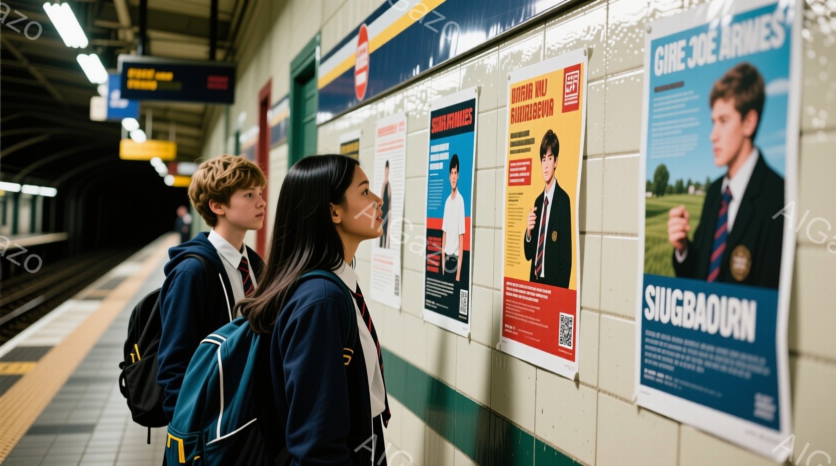 2人の若い学生が、地下鉄のプラットフォームの壁に貼られたポスターを見上げています。少年は金髪で、紺色のブレザーにバックパックを背負い、少女は黒髪で、同様のブレザー姿です。ポスターは青と白を基調としており、人物写真とテキストが書かれています。
