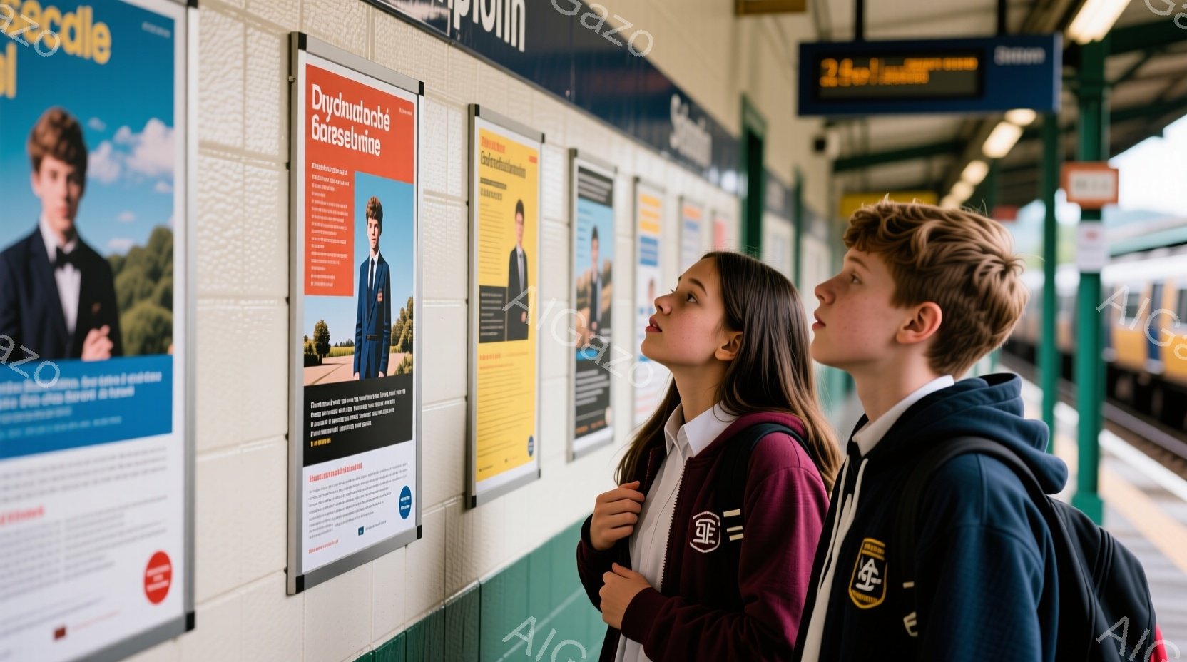 プラットフォームの壁に貼られたポスターを見上げている女子高生と男子高生が写っています。女子高生は長い茶色の髪を後ろで結び、紺色のブレザーに赤いシャツを着ています。男子高生は短髪で、紺色のブレザーに黄色いシャツを着ており、二人ともリュックサックを背負っています。