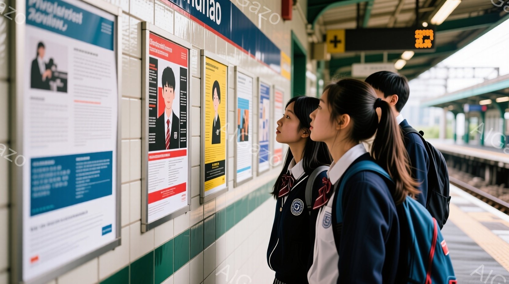 2人の制服を着た学生が駅の壁に貼られたポスターを見ている。女子学生は黒髪で、ポスターに視線を集中しており、男子学生は後ろから見守っているように見える。背景にはプラットフォーム、線路、そしてぼやけた緑の風景があり、晴れた日の穏やかな雰囲気が感じられる。