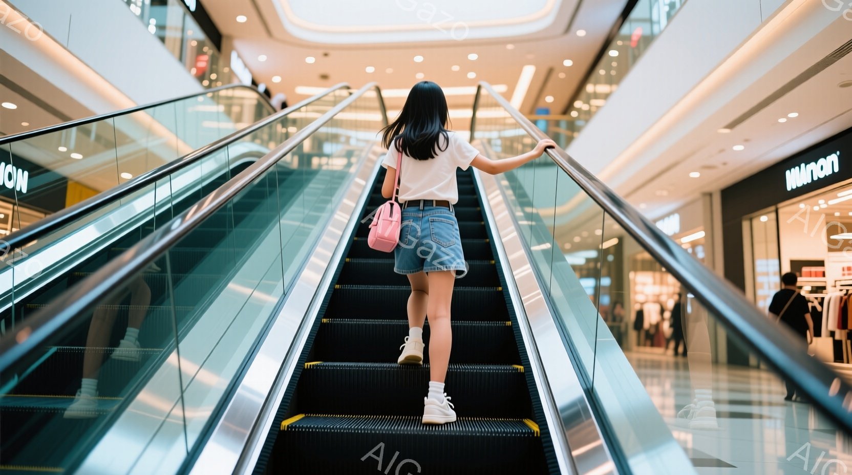 白いTシャツにデニムのショートパンツを着用した女性が、ショッピングモールのエスカレーターを上っている後ろ姿が写っている。彼女は白いスニーカーを履き、ピンク色の小さなショルダーバッグを掛けている。背景に - AI生成フリー素材