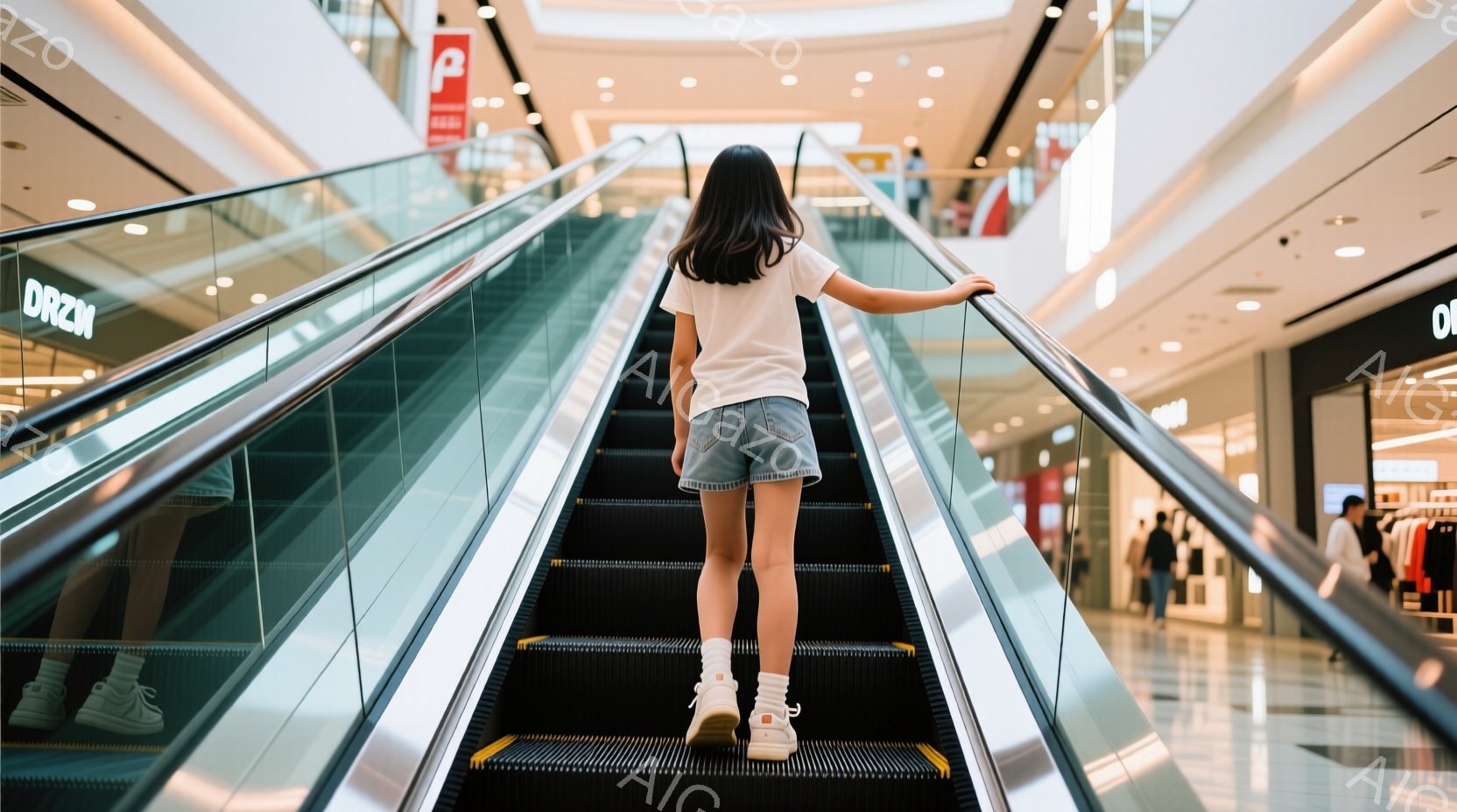 白いTシャツとデニムのショートパンツを履いた少女が、ショッピングモールのエスカレーターを上っている後ろ姿が写っている。白い靴下とスニーカーを履き、片手にエスカレーターの手すりにつかまっている。背景には - AI生成フリー素材