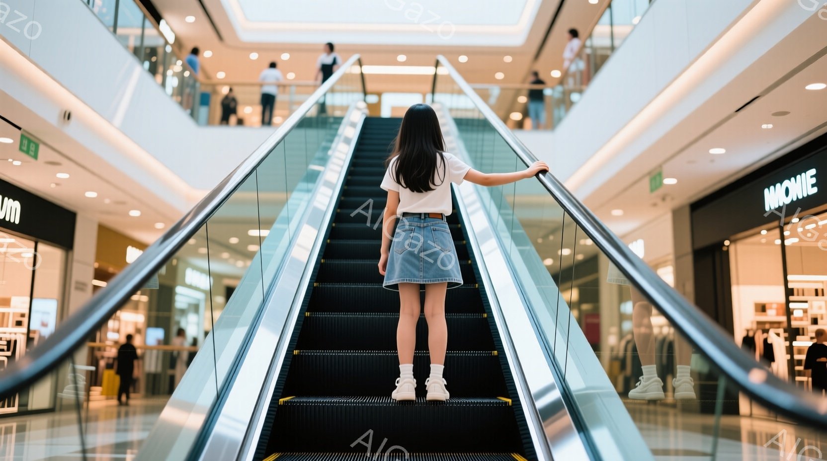エスカレーターを上る女性の後ろ姿が捉えられています。白いTシャツにデニムのミニスカート、白いスニーカーを履いており、カジュアルな装いです。背景にはショッピングモールの店内が広がり、人々が歩き回っている様子が見え、明るく賑やかな雰囲気が漂っています。