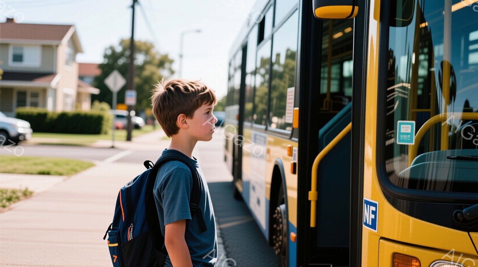 茶髪の少年が、青いTシャツと青いリュックサックを背負い、通学のバスのドアの前で立っている。彼の視線は前方に向いており、少し緊張した表情をしているようだ。背景には住宅、緑の木々、そして晴れた空が見え、穏やかで日常的な雰囲気が漂っている。