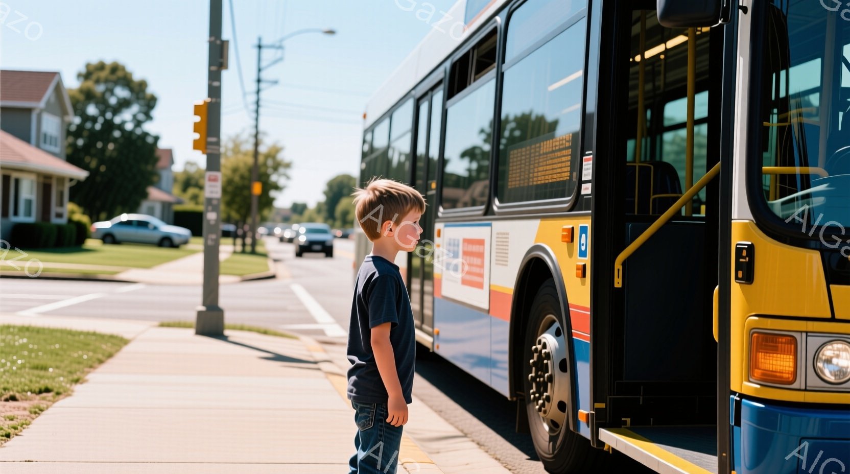 少年は青いTシャツと薄い色のジーンズを着て、歩道に立っています。彼はバスのドアの近くに立ち、何かを見ているようで、少し緊張した表情をしています。背景には家々や車が並び、晴れた空の下、穏やかな午後の雰囲気が漂っています。