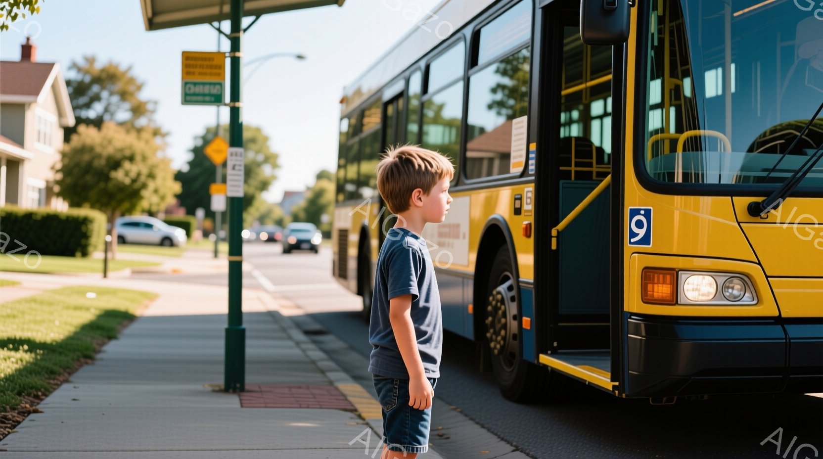 少年は青いTシャツと短パンを着て、バス停の歩道に立っている。彼はバスのドアが開いているのを後ろ向きに見ており、少し緊張した様子が見受けられる。背景には住宅や木々が見え、晴れた日の穏やかな雰囲気を感じさせる。
