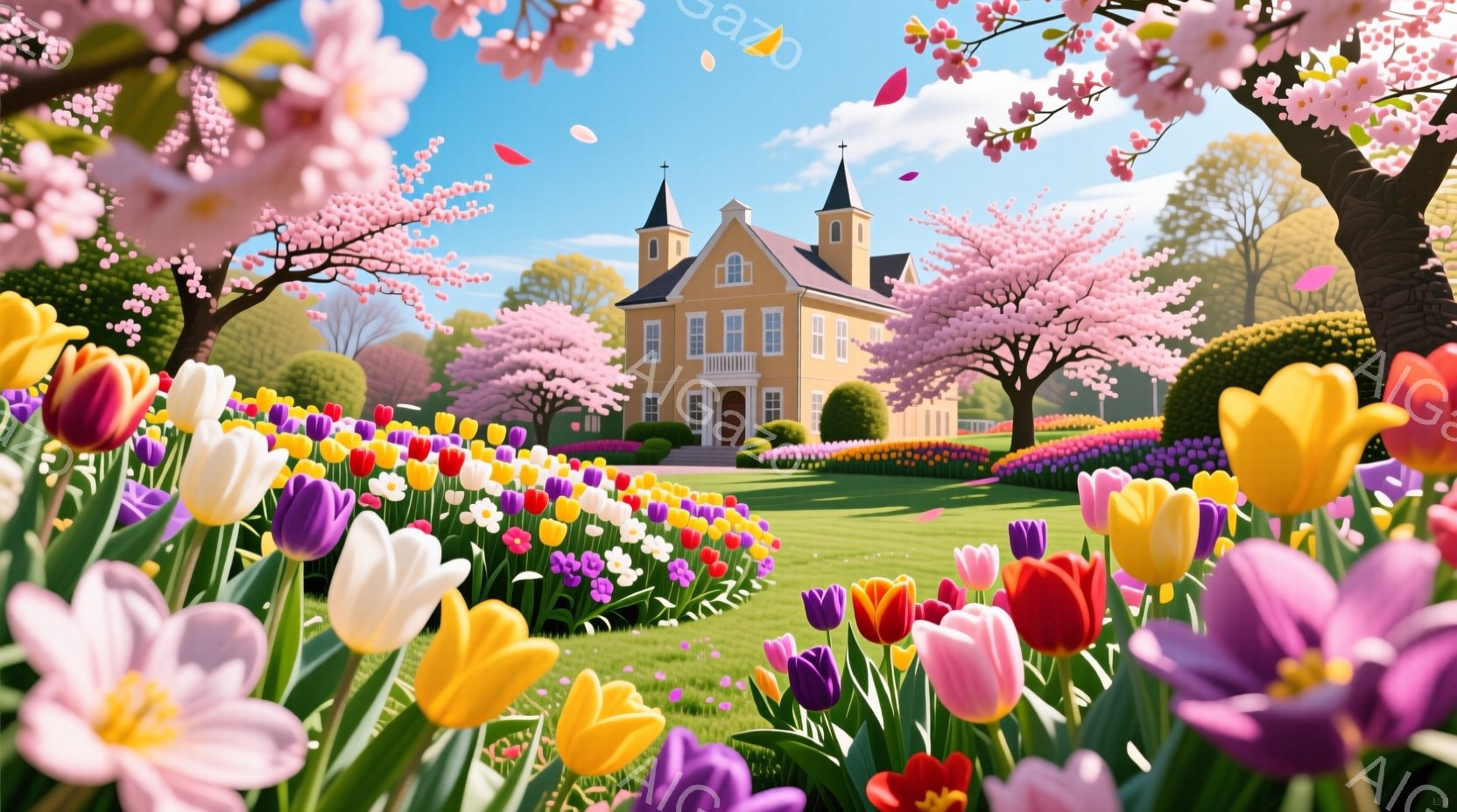 色とりどりのチューリップが咲き乱れる花壇が、視界いっぱいに広がっています。背景には、ピンクの花が咲き誇る桜並木と、クリーム色の美しい邸宅が穏やかな春の陽光の下に佇んでいます。全体的に、華やかで牧歌的な雰囲気が漂い、春の訪れを感じさせる、幸せな情景です。
