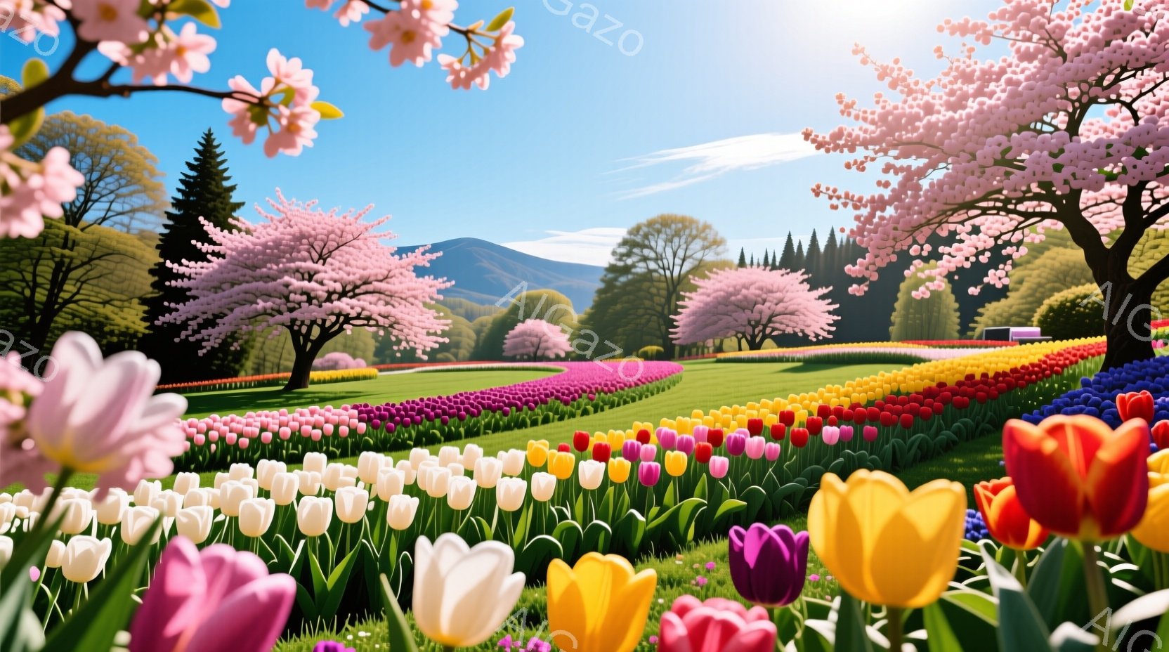 色とりどりのチューリップが広大な草原に咲き乱れ、その背景には緑豊かな丘と木々が広がっています。空は晴れ渡り、穏やかな春の陽光が花々を照らし、全体的に平和で華やかな雰囲気を醸し出しています。遠くには、緑 - AI生成フリー素材