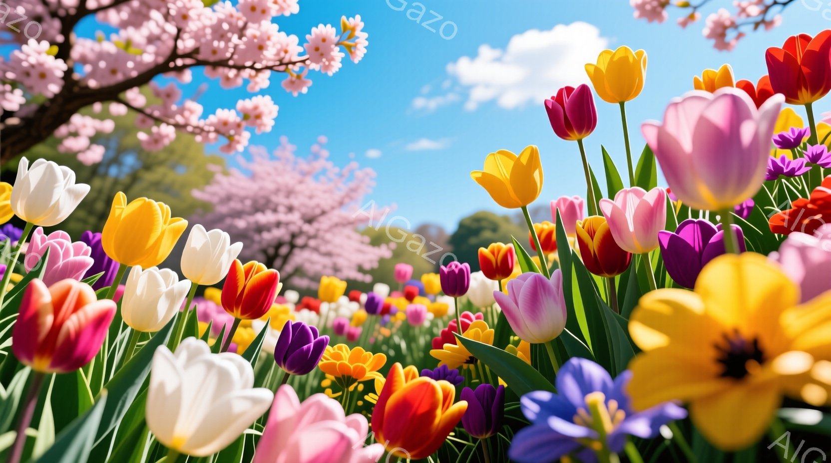 色とりどりのチューリップが咲き乱れる春の風景です。背景には、ピンク色の桜の木が咲き誇り、青空が広がっています。暖かく、明るい雰囲気で、春の訪れを感じさせます。