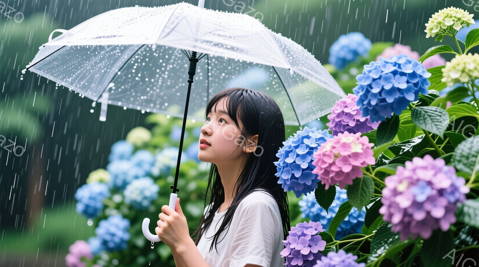 雨の中、若い女性が紫陽花の茂みの前に立っている。彼女は白いTシャツを着ており、長い黒髪はストレートで、顔は少し上を向いている。紫陽花はピンクと青の色調で咲き乱れ、雨が降り注ぐ穏やかで幻想的な雰囲気を醸し出している。
