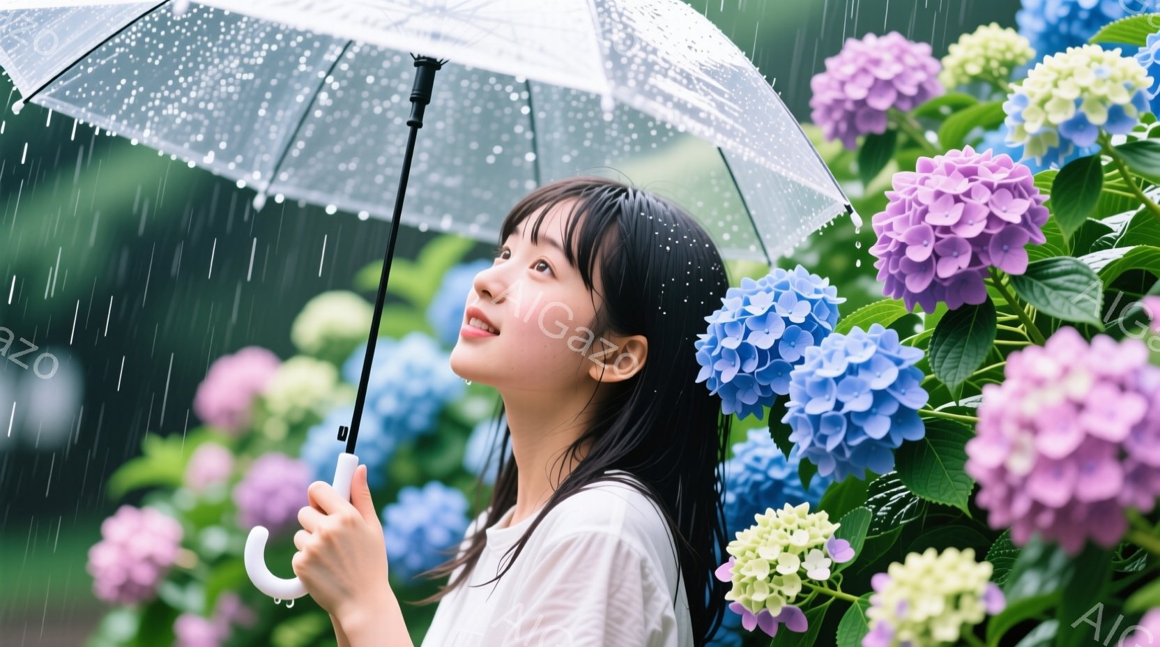 雨の中、白いシャツを着た若い女性が紫陽花を見上げています。彼女は黒髪で、前髪が少し流れており、穏やかな笑顔を浮かべています。背景には様々な色の紫陽花が咲き乱れ、雨粒が降り注ぐ、優しく幻想的な雰囲気です - AI生成フリー素材