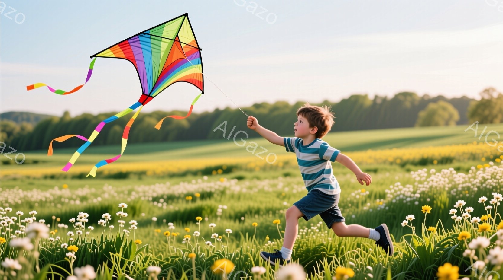 金髪の少年が、緑豊かな花畑の中を凧を揚げながら走っている。少年は青と白のストライプのTシャツと紺色の短パン姿で、表情は楽しげで、凧を高く掲げている。背景には、緑の丘と木々が広がり、晴れた空の下、暖かい - AI生成フリー素材