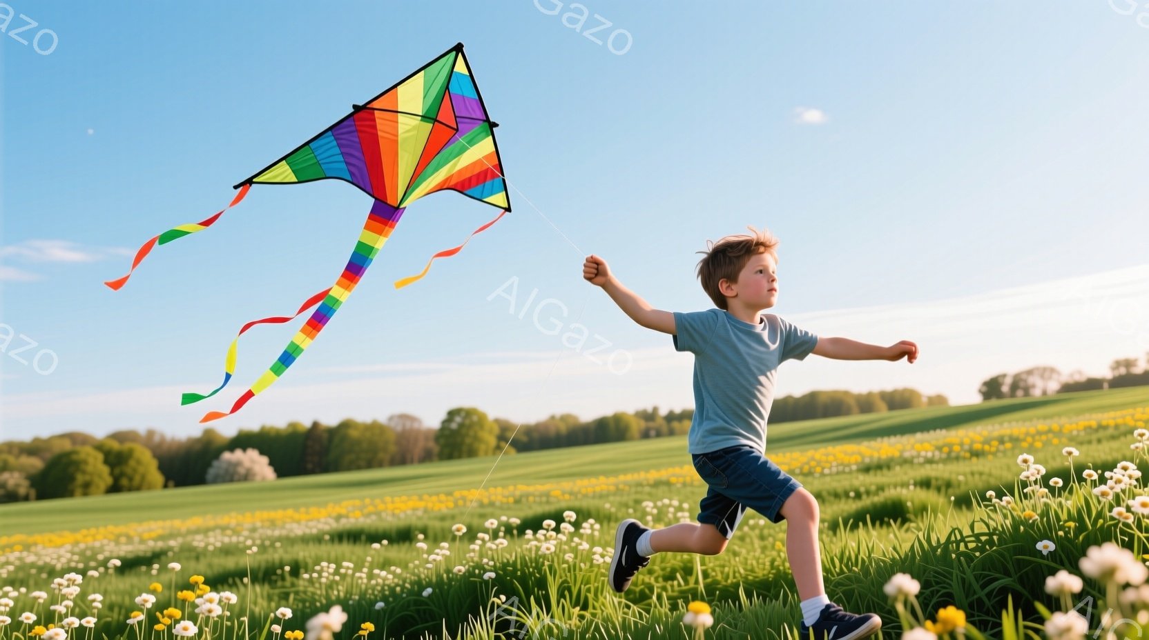 赤毛の少年が青い空の下、緑の草原を駆け抜けている。少年はグレーのTシャツと短いデニムのズボン、そして白いスニーカーを着用し、カラフルな凧を高く掲げている。背景には黄色い花が咲き乱れる草原と、遠くの緑豊かな森林が広がっており、晴れた日の穏やかな雰囲気が漂っている。