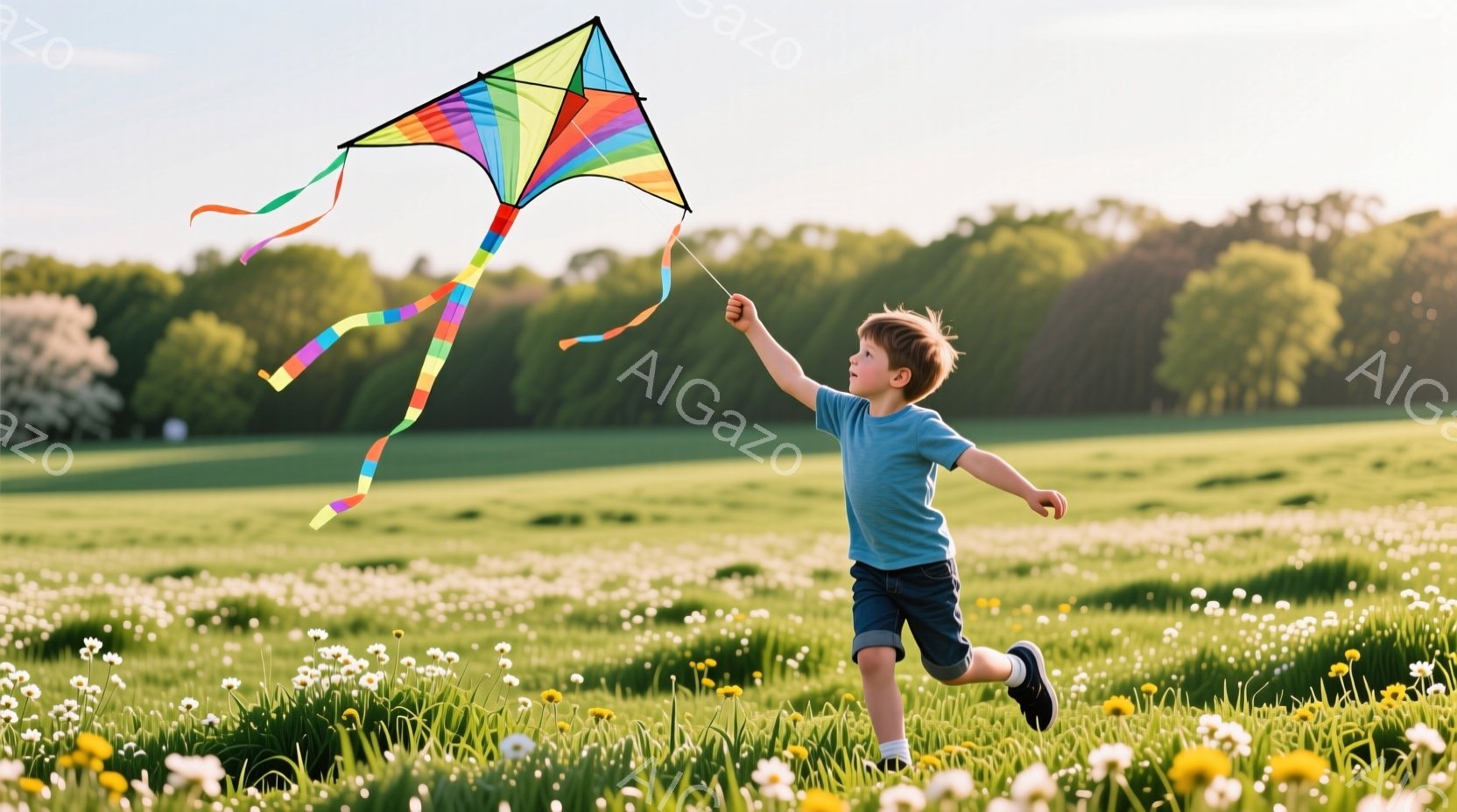 短い茶色の髪をした少年が、緑の草地を走りながら色鮮やかな凧を操っている。青いTシャツとジーンズの短パン姿で、顔には楽しそうな笑顔が浮かび、活気に満ちた様子が伝わってくる。背景には緑豊かな木々が広がり、太陽の光が差し込む穏やかな晴天で、自然の中で無邪気に遊ぶ少年の姿が印象的だ。