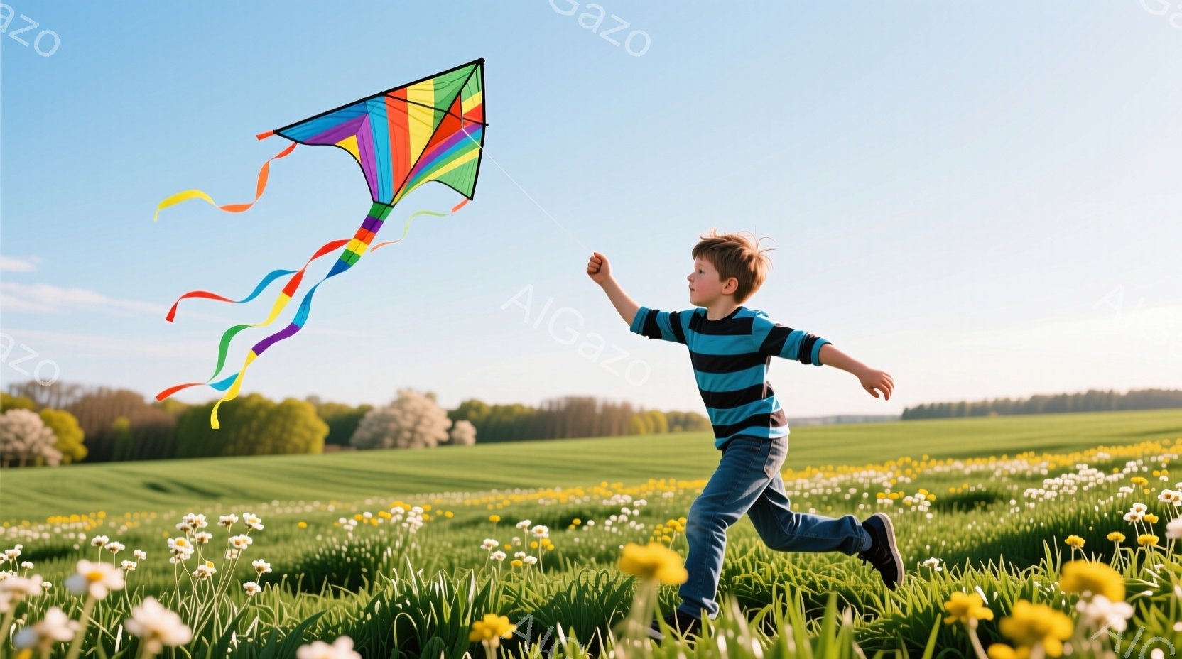 赤毛の少年が、色とりどりの凧を手に、花畑の中を駆け抜けている。彼は縞模様のシャツとジーンズを身につけ、活気に満ちた表情で、春の穏やかな日差しの中で楽しんでいる様子が伺える。背景には緑の牧草地と遠くの木 - AI生成フリー素材