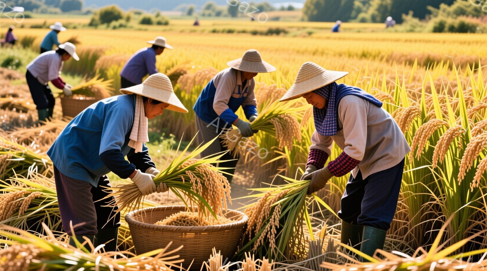 黄金色に輝く稲穂が広がる田んぼで、麦わら帽子と手袋を着用した人々が収穫作業を行っている。彼らは皆、青色または白色の長袖シャツ、濃い色のズボン、そして長靴を履いており、前かがみの姿勢で稲を刈り取り、かごに収めている。背景には他の作業員や遠くの山々が見え、晴天の下、穏やかで平和な収穫の雰囲気が伝わってくる。