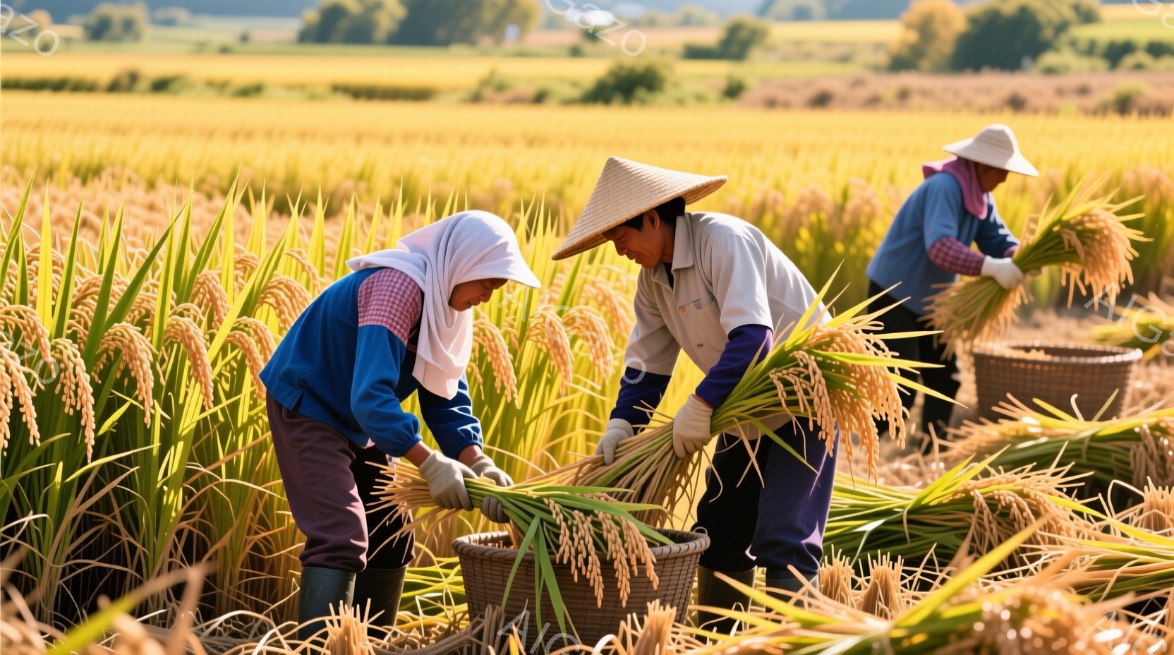広大な稲田で、麦わら帽子と頭巾を巻いた農家の人々が、収穫された稲をかごに収めている様子が描かれている。彼らはかがんだ姿勢で熱心に作業しており、農作業に集中した表情をしている。背景には黄金色の稲穂が広がり、遠くには緑の山々が見える穏やかな秋の風景が広がっている。