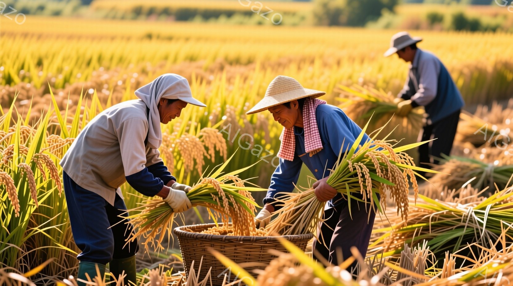黄金色の稲穂が広がる田んぼで、作業着を着た三人の農家が収穫作業を行っています。二人の女性は麦わら帽子を被り、刈り取った稲を柳の籠にまとめています。背景には、夕日に照らされた広大な稲田が広がり、収穫の喜 - AI生成フリー素材