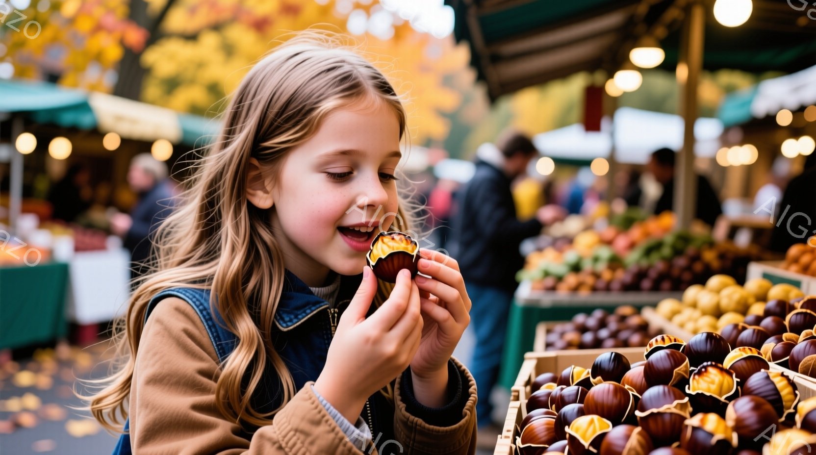 金髪の少女が焼き栗を手に持っており、嬉しそうな表情でそれを見つめている。彼女は濃い青色のジャケットとキャメル色のベストを着ており、髪は肩まで伸びたカールヘアである。背景には、さまざまな種類の栗が並んだ屋台と、秋色の葉が舞う市場の様子が見え、温かみのある秋の雰囲気が漂っている。
