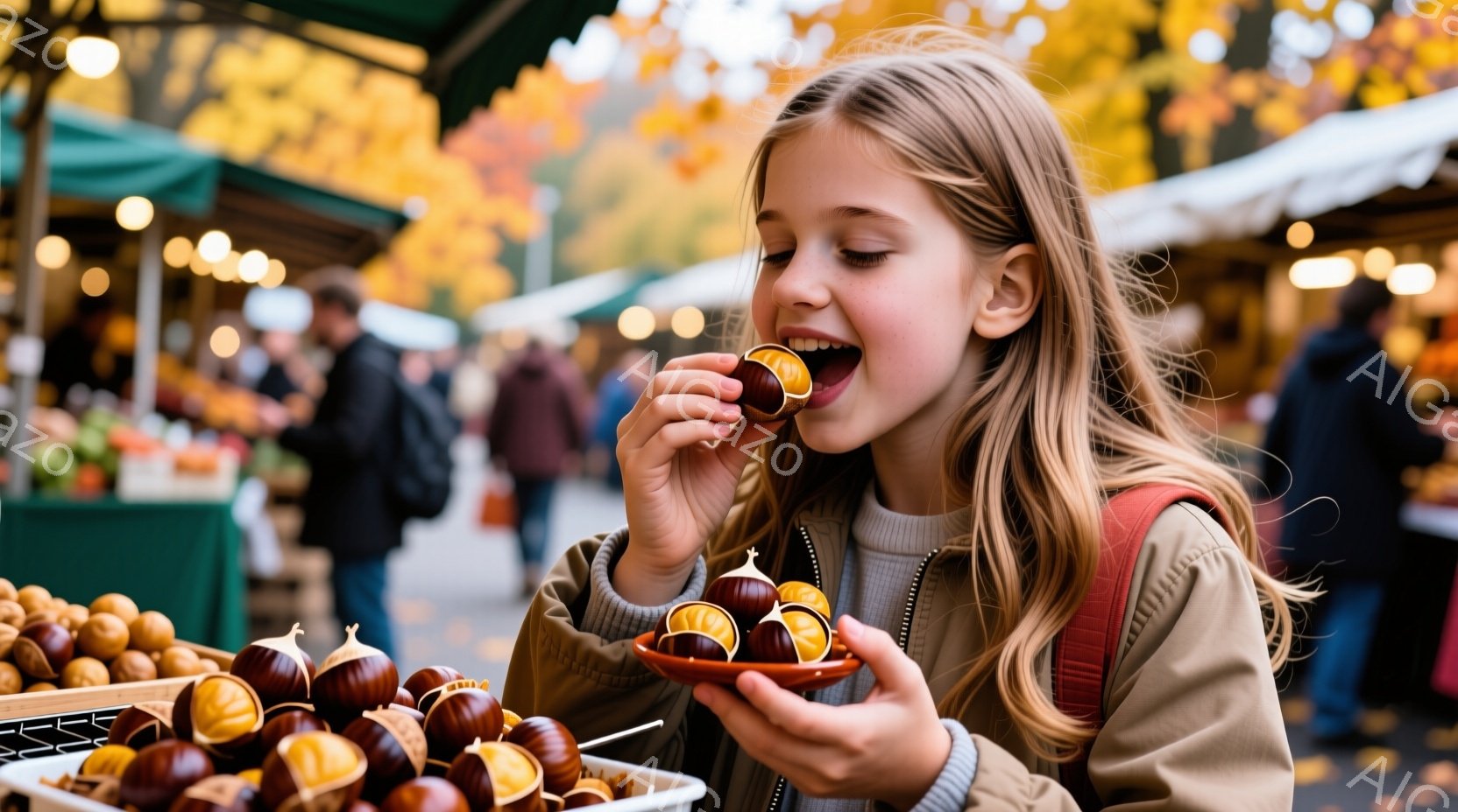 金髪の少女が焼き栗を美味しそうに食べている。彼女はベージュ色のジャケットと白いセーターを着ており、長い髪を後ろでまとめてカジュアルなスタイルだ。背景には、賑やかな市場の様子と、紅葉の木々が見え、秋の温かい雰囲気が漂っている。