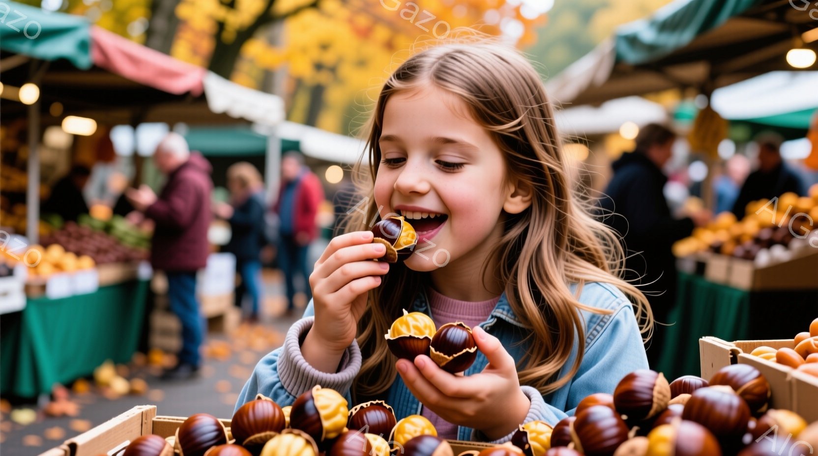 明るい笑顔の幼い少女が、剥き栗を手に持っています。彼女はデニムジャケットを着ており、髪は肩まで伸びたブロンドヘアです。背景には、様々な栗が並んだ屋台や、ぼんやりとした人々の姿が見え、秋の賑やかな市場の雰囲気を感じさせます。
