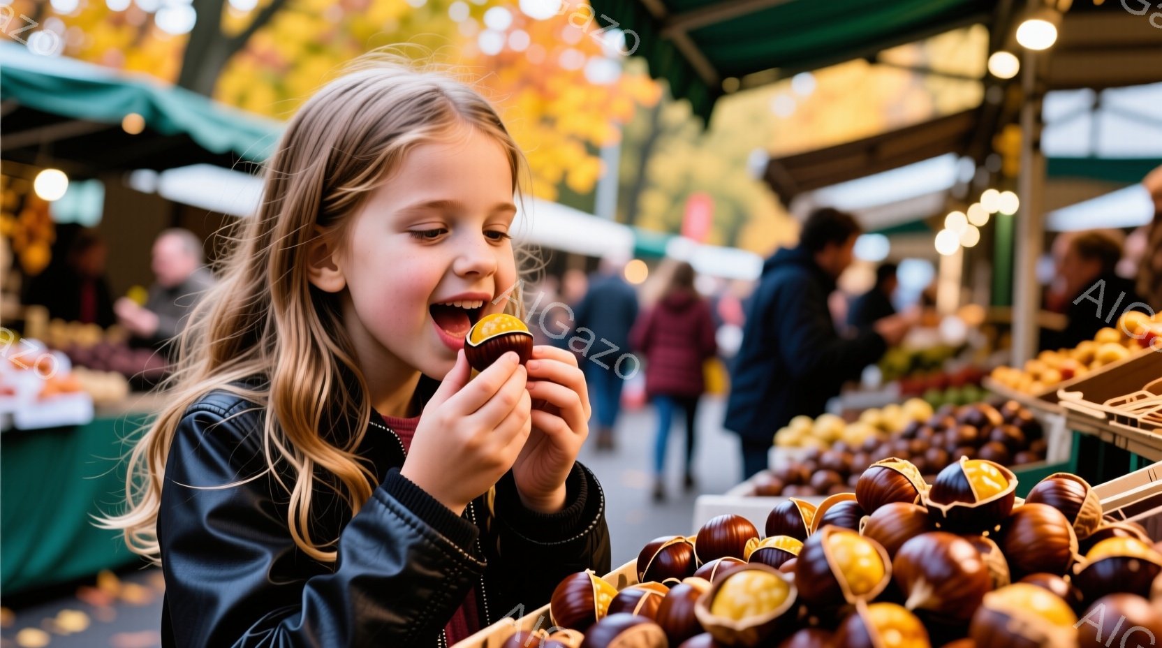 金髪の少女が焼き栗を美味しそうに頬張っています。黒い革ジャンを着ており、満面の笑みを浮かべた表情は、焼き栗の甘さを楽しんでいる様子が伝わってきます。背景には、焼き栗が並んだ屋台と、多くの人が歩く市場の様子が見え、秋の賑やかな雰囲気が漂っています。