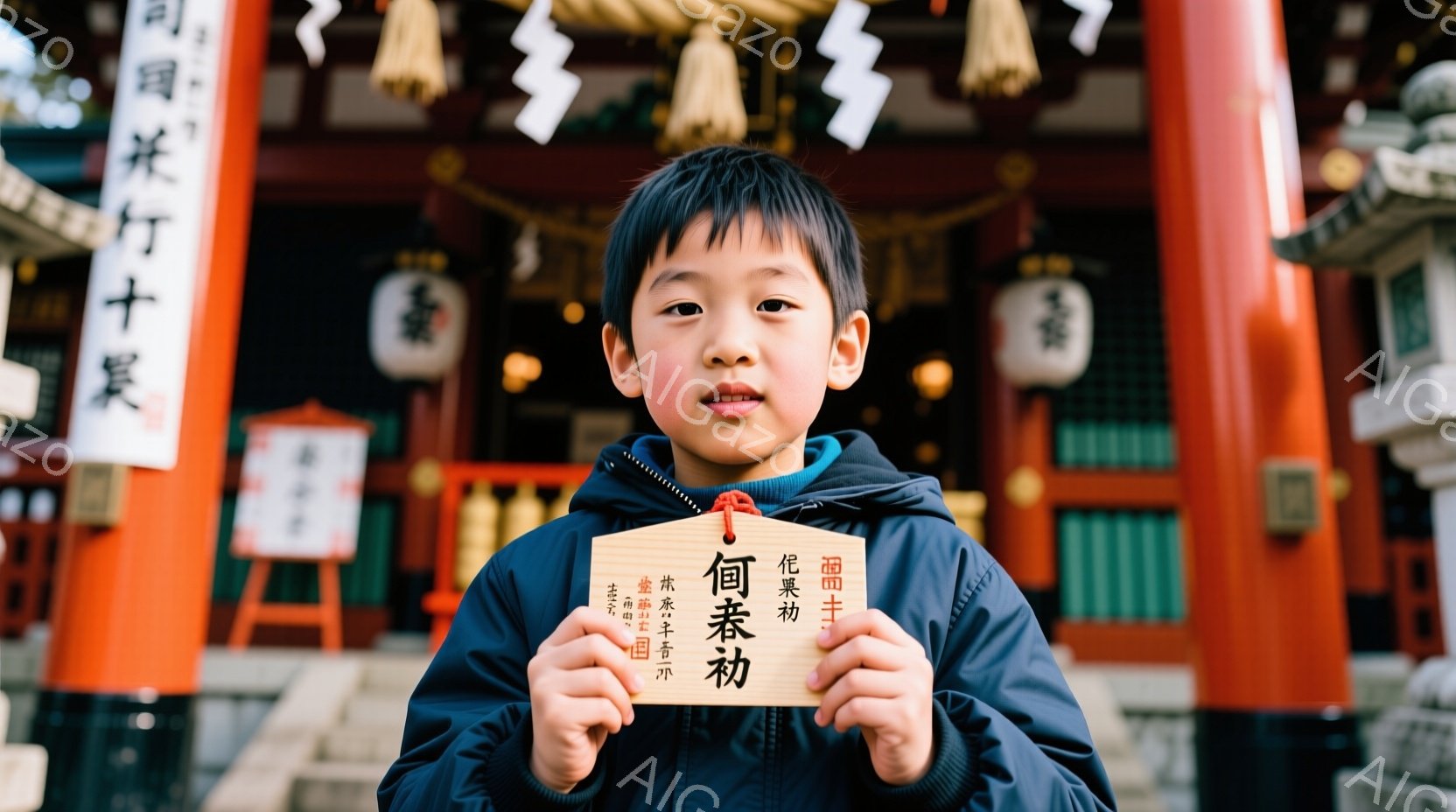 男の子が正面を向き、両手で小さな木製の板を持っています。彼は濃い青色のジャケットを着ており、黒い髪は短く整えられています。背景には赤い柱や装飾が施された寺院の建物が見え、伝統的な雰囲気が漂っています。