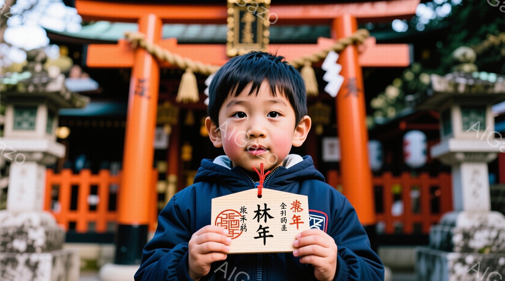 小さな男の子が紺色のフード付きジャケットを着て、正面を見つめています。彼は両手に「奉納年」と書かれた木製の板を持っており、少し微笑んでいます。背景には、鮮やかな朱色の鳥居と、白と緑の自然がぼやけており、晴れた日の穏やかな雰囲気を感じさせます。