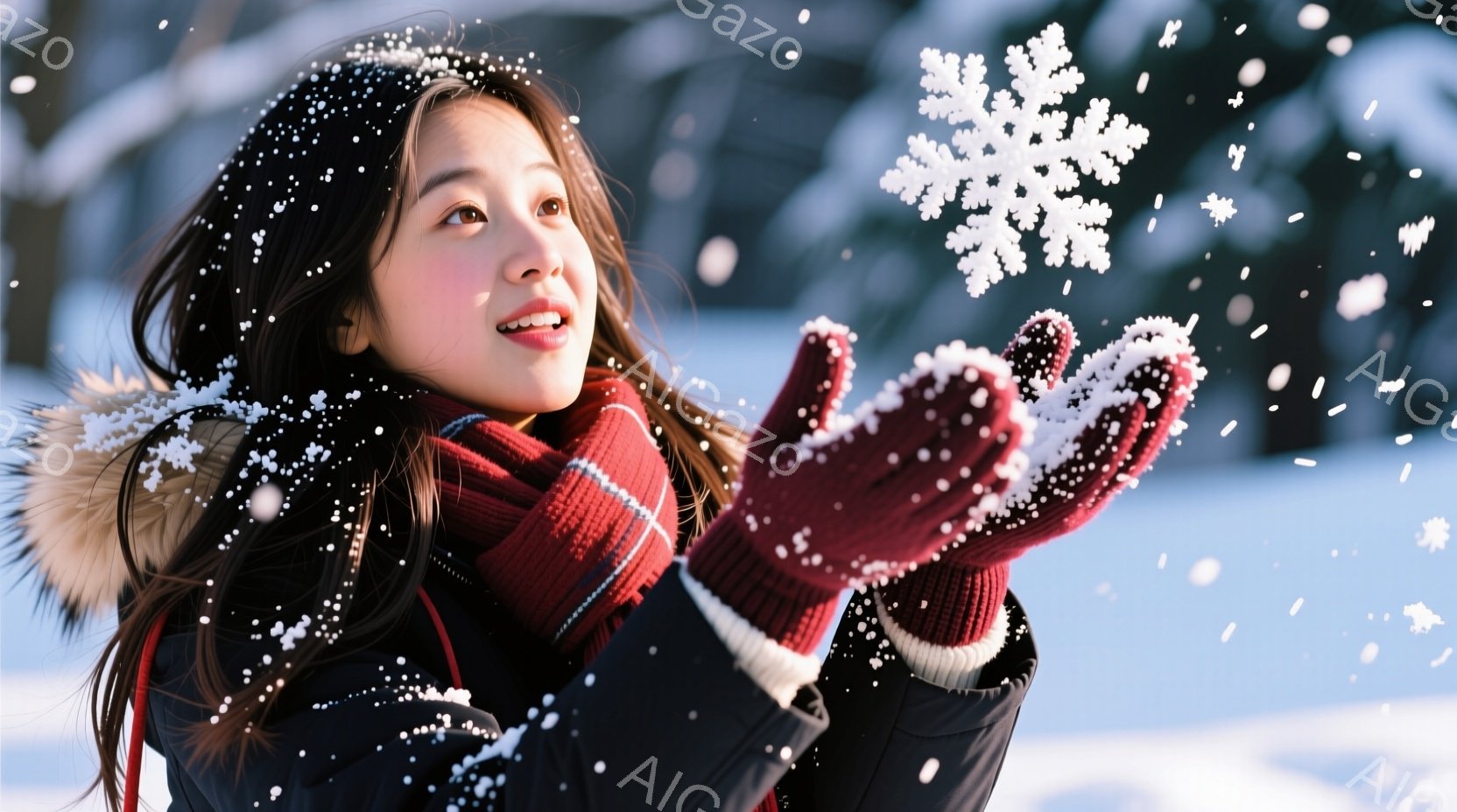 長い黒髪を背中に垂らし、赤いストライプのニット帽とマフラーを身につけた女性が、雪片を手のひらに受け止めている。彼女は黒のダウンジャケットを着ており、表情は明るく微笑み、冬の雪景色を楽しんでいる様子がう - AI生成フリー素材