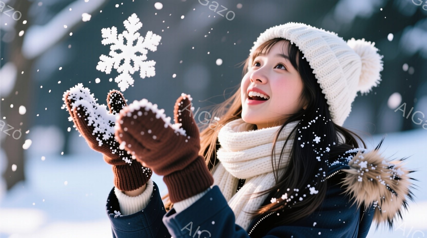 暖かく厚手の白いニット帽と、ふさふさとした耳当てがついた紺色のジャケットを着た若い女性が、雪片を両手に受け止めている。彼女は明るい笑顔を浮かべ、前髪を少し横に流したヘアスタイルで、冬の寒さにも負けない - AI生成フリー素材