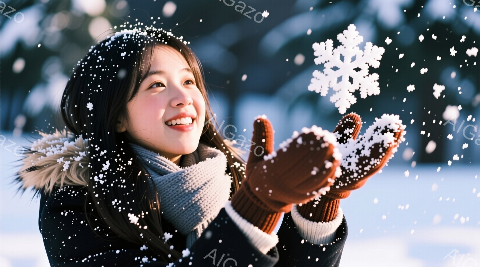 雪が舞う中で、女性が片手に雪の結晶を乗せて楽しんでいます。彼女は黒い冬のコートに白い毛皮のついたフード、そして暖かい編み物の手袋とマフラーを身につけており、顔には微笑みが浮かんでいます。背景は白く雪景 - AI生成フリー素材