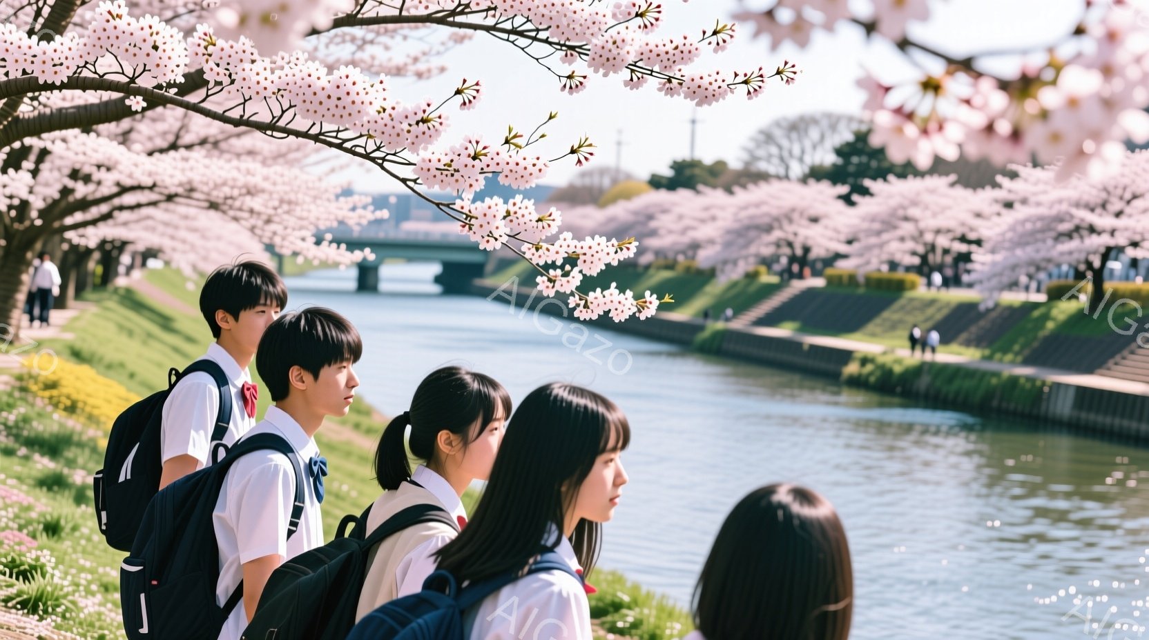 制服を着た男子生徒と女子生徒が、桜並木が続く川沿いを歩いている。彼らは皆、リュックサックを背負い、前を向いて何かを見ているようで、姿勢は少し前傾している。背景には、満開の桜並木と穏やかな水面が広がり、春の暖かく優しい雰囲気が漂っている。