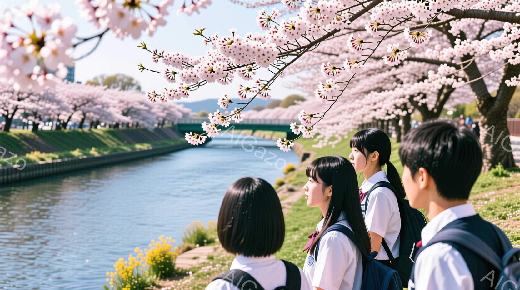 制服姿の女子高生3人と男子高生1人が、川沿いの遊歩道を歩いている。彼女たちは皆、黒髪で、前髪はそれぞれ異なるスタイル、あるいは長く伸ばしている。背景には、満開の桜並木が広がり、青い空と川が春の穏やかな雰囲気を演出している。
