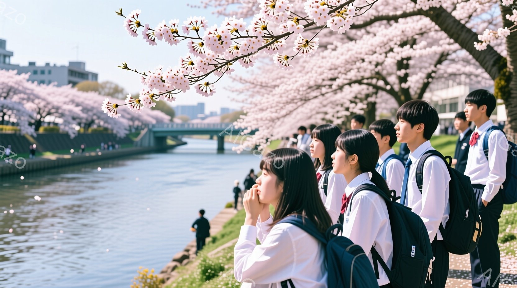 学生たちは制服姿で、川沿いの桜並木を眺めている。紺色のリュックを背負い、前を向いて何かを見ている様子から、遠足や校外学習の一場面であることがうかがえる。背景には、川と、その両岸に続く美しい桜並木、そして遠くに見える建物が広がっており、春の穏やかな雰囲気が漂っている。