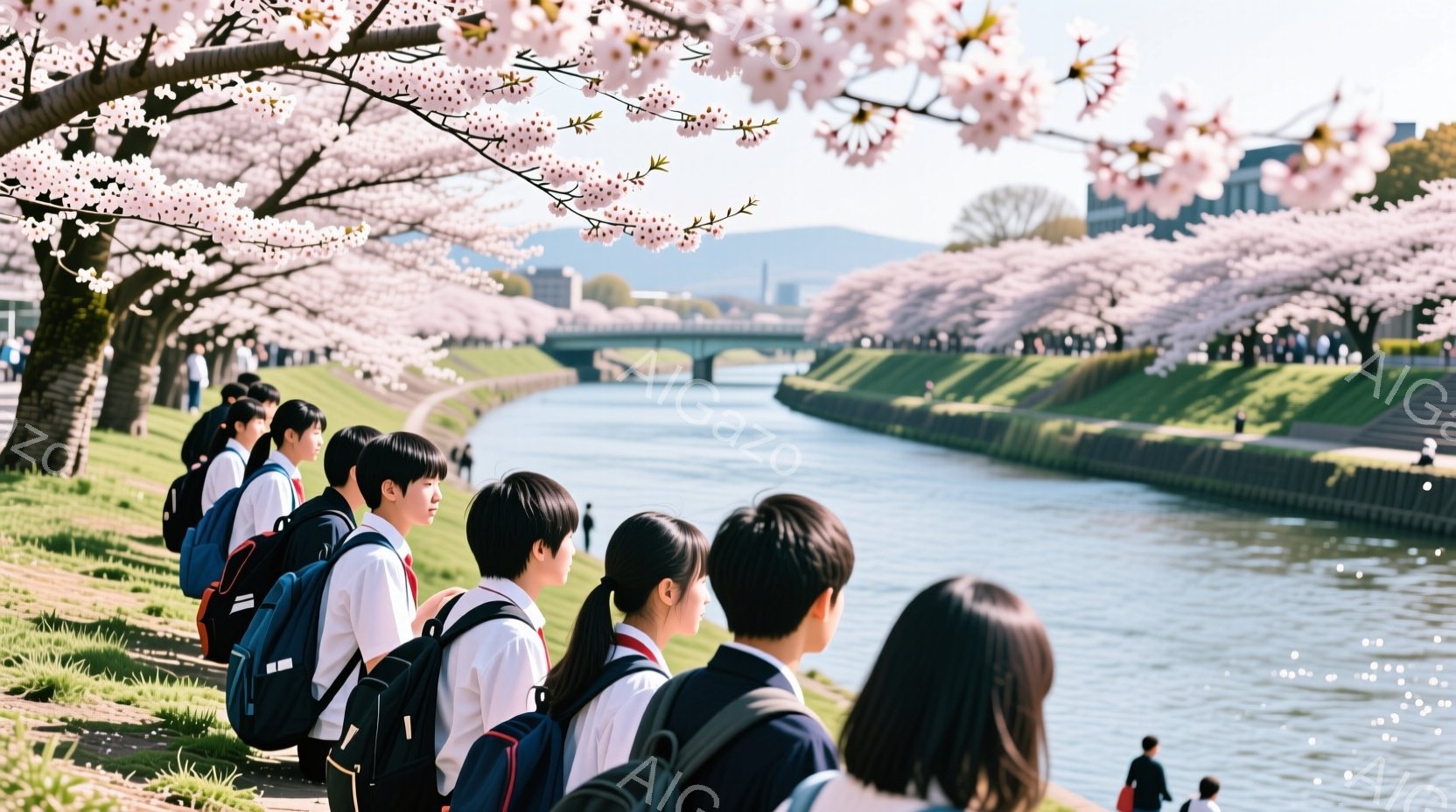 制服を着た学生たちが、川沿いの土手に並んで立っている。紺色のリュックを背負い、同じ方向を見ている様子から、遠足や修学旅行など、集団での活動中であることがうかがえる。背景には、桜並木が咲き誇り、水面に花びらが散り、穏やかな春の陽気を感じさせる。