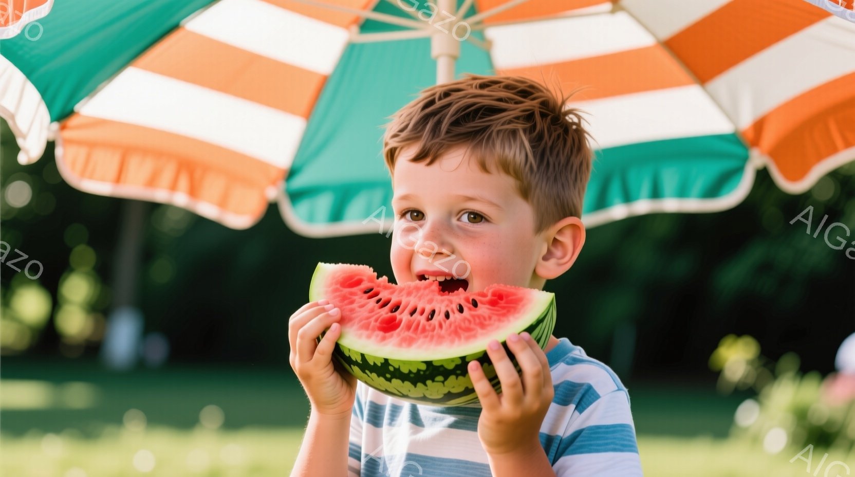 少年は、縞模様の青と白のシャツを着て、大きなスイカを口いっぱいに頬張っています。彼の髪は明るい茶色で、少し乱れていますが、顔には満面の笑みが浮かび、とても楽しそうです。背景には緑豊かな芝生と、オレンジと白のストライプが印象的なパラソルがあり、夏の明るく陽気な雰囲気を醸し出しています。