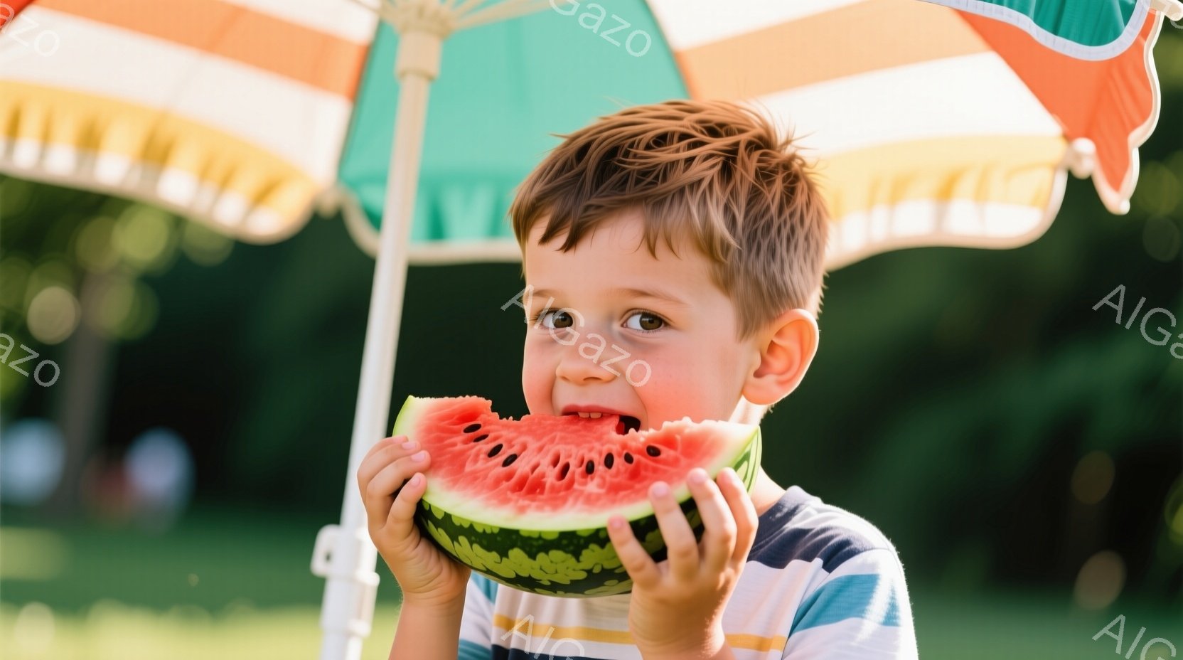 金髪の少年が大きなスイカを美味しそうに食べている様子が写っている。少年はボーダーのシャツを着ており、表情は生き生きとしていて、スイカにかぶりついている。背景には緑の芝生と色とりどりのパラソルが見え、夏の晴れた日の穏やかな雰囲気が感じられる。